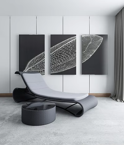 Modern Gray Lounge Chair with Black and White Decorative Paintings in Interior Space 3d model