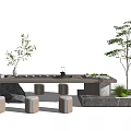 Modern Minimalist Tea Table Set With Stools Green Plants And Stone Decor 3d model