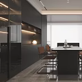 Modern Restaurant Interior With Dark Cabinets Dining Table And Chairs 3d model