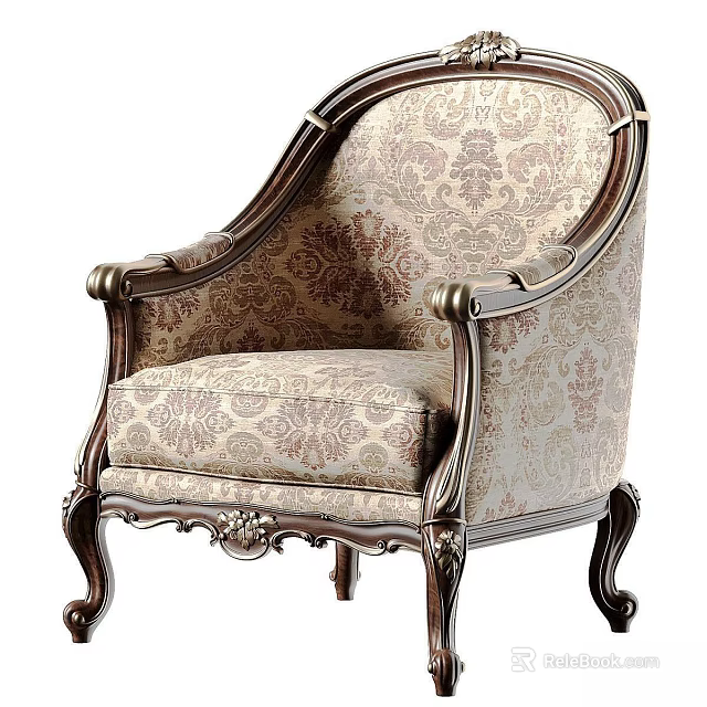 Classic Design Accent Chair With Carved Wooden Frame And Damask Pattern Fabric 3d model 