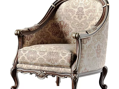 Classic Design Accent Chair With Carved Wooden Frame And Damask Pattern Fabric 3d model