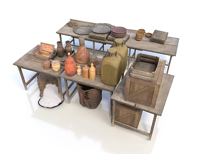 Rustic Kitchen Scene With Wooden Tables Clay Pots Metal Pans Wooden Buckets And Salt Bags 3d model