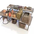Rustic Kitchen Scene With Wooden Tables Clay Pots Metal Pans Wooden Buckets And Salt Bags
