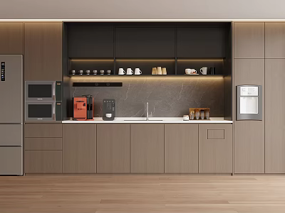 Modern Pantry Interior Design With Warm Lighting Sleek Cabinets And Countertop Appliances 3d model