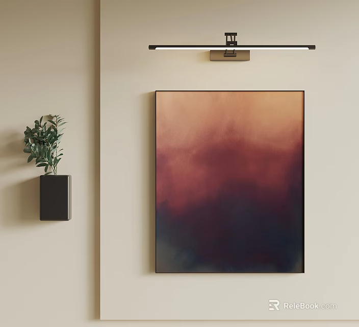 Abstract Painting With Black Frame Gradient Pink Purple Blue Hanging On Wall With Green Plant 3d model 