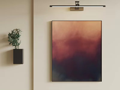 Abstract Painting With Black Frame Gradient Pink Purple Blue Hanging On Wall With Green Plant 3d model