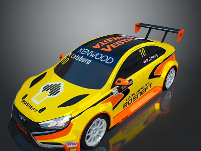 Yellow And Black Racing Car With Rear Wing Number 10 And Sponsor Logos 3d model