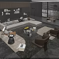 Modern Sofa And Coffee Table Set With Armchairs Rug Bookshelf Lamp Blinds In Living Room