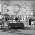 Elegant White Sofa and Coffee Table Set with Geometric Wall Mirror and Table Lamps 3d model