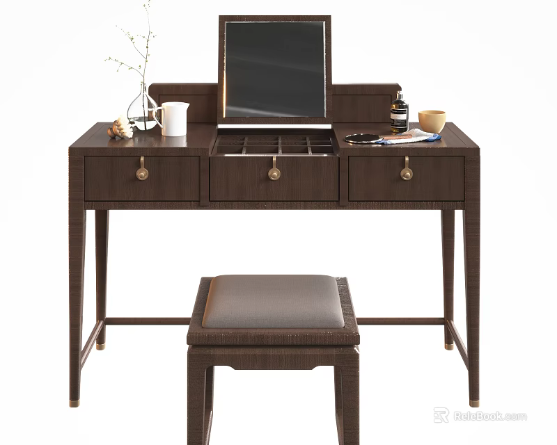 Elegant Wooden Dressing Table Interior with Mirror Stool and Decorative Drawers 3d model
