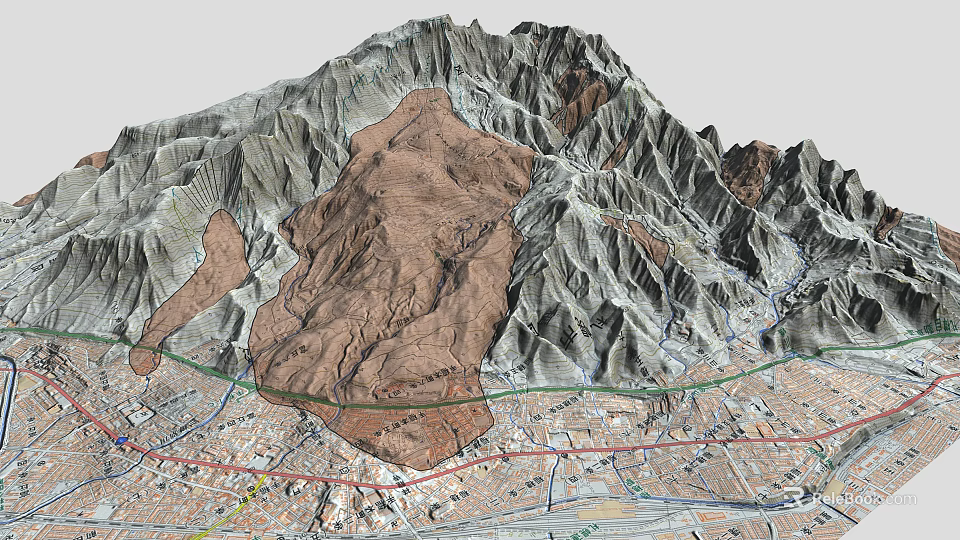 3D Rendered Mountain Landscape with Peaks Valleys and Urban Layout at Base 3d model 