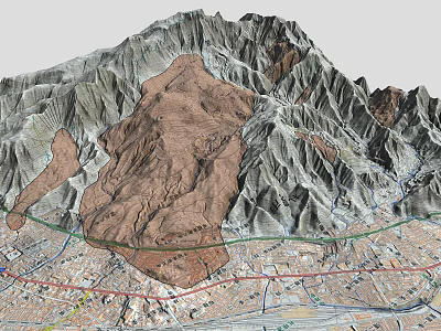3D Rendered Mountain Landscape with Peaks Valleys and Urban Layout at Base 3d model
