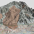 3D Rendered Mountain Landscape with Peaks Valleys and Urban Layout at Base