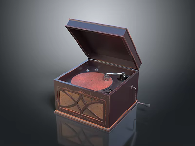 Classic Vintage Gramophone With Open Wooden Case Decorative Patterns And Tonearm 3d model