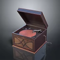 Classic Vintage Gramophone With Open Wooden Case Decorative Patterns And Tonearm