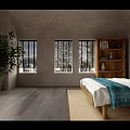 Hotel Guest Room With Wooden Bed White Bedding Red Decorative Painting And Wicker Swing Chair
