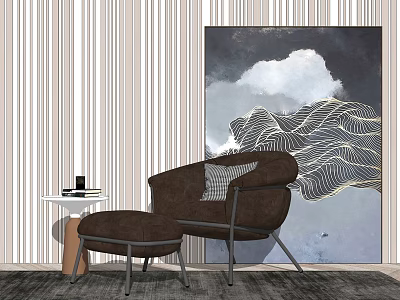 Brown Accent Chair with Pillow Ottoman and Side Table Against Vertical Striped Wallpaper Abstract Painting 3d model