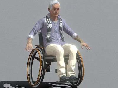 Game and Movie Character Seated in Wheelchair With Gray Hair Purple Shirt Beige Pants and Scarf 3d model