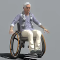 Game and Movie Character Seated in Wheelchair With Gray Hair Purple Shirt Beige Pants and Scarf