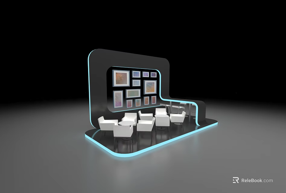 Modern Leisure Area Interior With White Chairs Blue Border And Picture Frames 3d model 