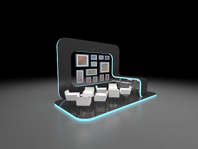 Modern Leisure Area Interior With White Chairs Blue Border And Picture Frames 3d model
