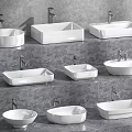 White Bathroom Washbasins With Multiple Different Shapes And Faucets On 3d model