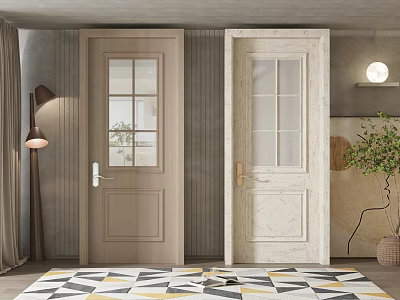 Modern Interior With Two Hinged Doors Featuring Glass Panels And Different Colors 3d model