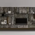 Stone Panel TV Background Wall With Mounted TV And Decorative Frames 3d model