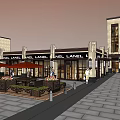 Modern Commercial Street With Shops Pedestrians Stone Pavement And Flower Beds