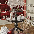 Elegant Boutique Interior With Shoe Display Shelves Red Velvet Chair Checkered Floor And Chandelier