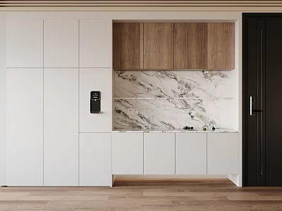 Modern Sideboard Design With White And Wooden Storage Cabinets Marble Backsplash 3d model