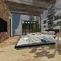 Hotel Room Interior With Wooden Ceiling Brick Wall Bed And Green Vines