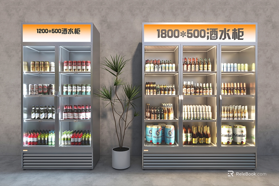 Display with Two Different Sizes Beverage Coolers Filled with Various Drinks and Potted Plant 3d model 