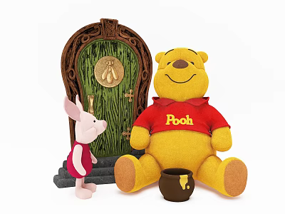 Winnie the Pooh Piglet Plush Dolls With Green Tree Door Golden Bee Emblem Honey Pot 3d model