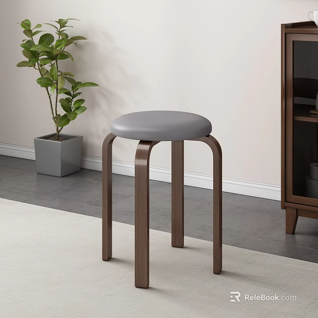 Modern Living Dining Room With Gray Stool Wooden Legs Potted Plant And Wooden Cabinet 3d model 