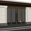 Modern Building Entrance Door With Glass Panels Metal Frame White Wall And Tree Reflection