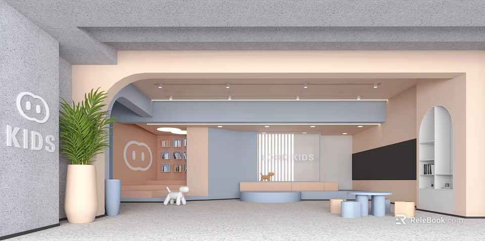Bright Kids Playroom Interior With Bookshelves Toys Soft Seating And Curved Design 3d model 