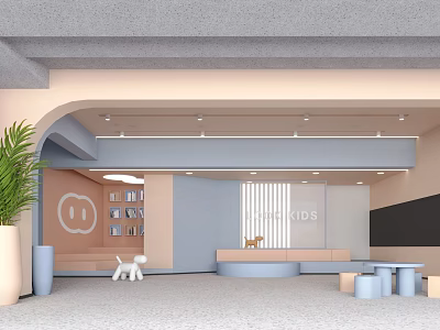 Bright Kids Playroom Interior With Bookshelves Toys Soft Seating And Curved Design 3d model