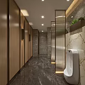 Public Restroom With Modern Design Marble Floor Circular Chandelier Mirror Walls And Washbasins