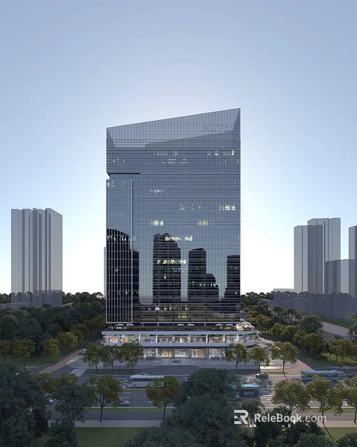 Modern High Rise Hotel Building With Reflective Glass Facade And Urban Greenery 3d model 