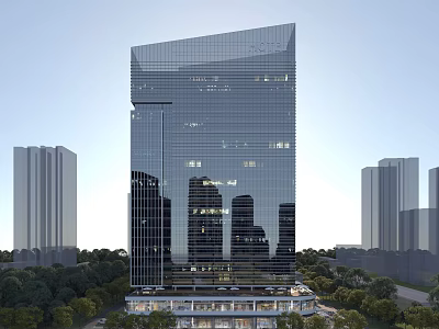 Modern High Rise Hotel Building With Reflective Glass Facade And Urban Greenery 3d model
