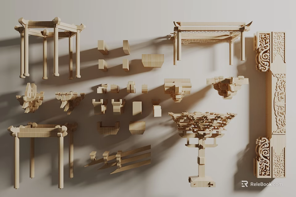 Traditional Chinese Wooden Architectural Components Including Brackets Beams And Carved Details 3d model 