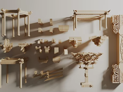 Traditional Chinese Wooden Architectural Components Including Brackets Beams And Carved Details 3d model