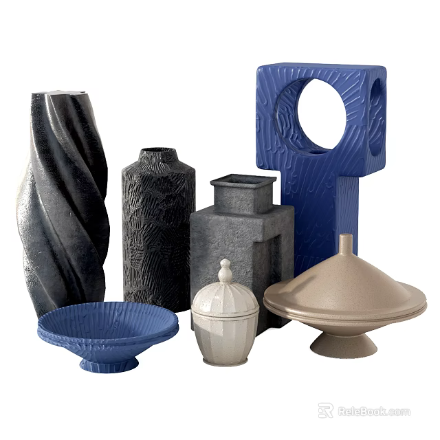 Various Modern Ceramic Vessels Featuring Twisted Square Lidded Designs In Blue Gray Beige 3d model