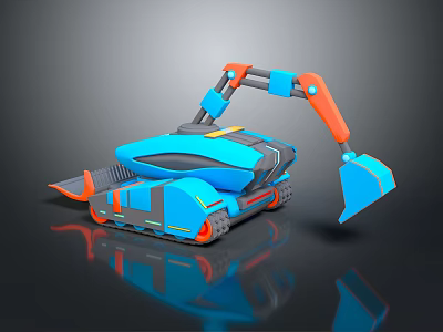 Blue And Orange Futuristic Mechanical Robot With Tracked Base And Shovel Arm 3d model