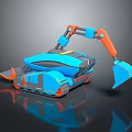 Blue And Orange Futuristic Mechanical Robot With Tracked Base And Shovel Arm