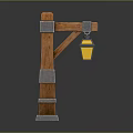 Rustic Wooden Street Lamp Post With Metal Crossbeam And Yellow Lantern Shade