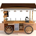 Wooden Mobile Food Cart With Brown Awning Coffee Machine And Menu Board