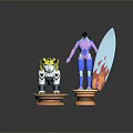 Mechanical Tiger And Humanoid Figure With Flame Surfboard On Orange Bases
