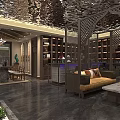 Traditional Chinese Hotel Lobby Interior With Wooden Screens Bookshelves And Sofa Seating